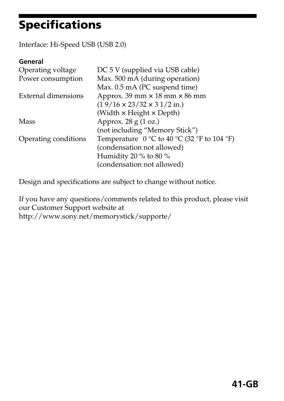 Specifications | Sony MSAC-US40 User Manual | Page 41 / 43