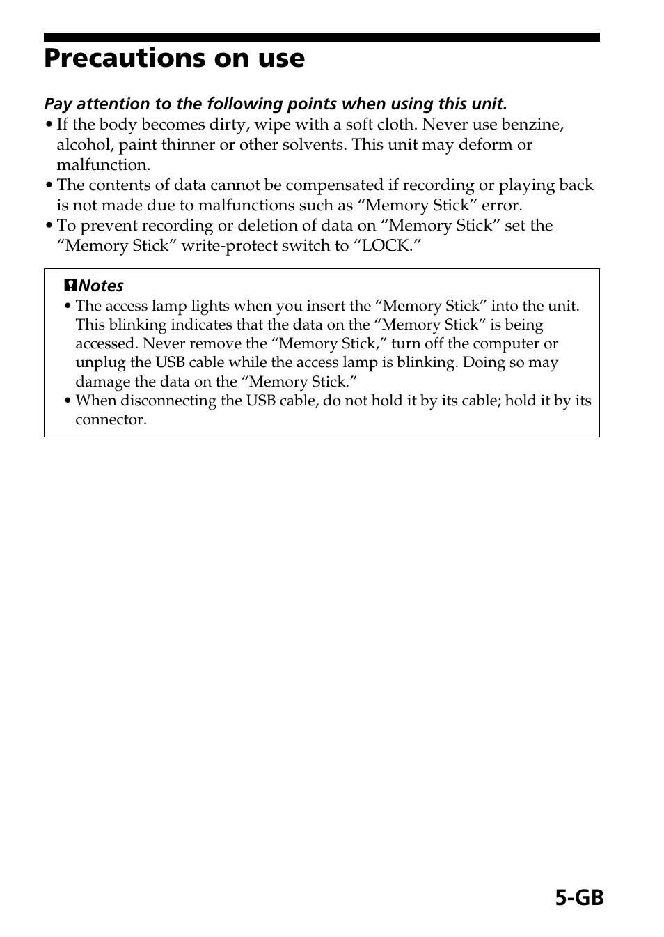 Precautions on use | Sony MSAC-US40 User Manual | Page 5 / 43