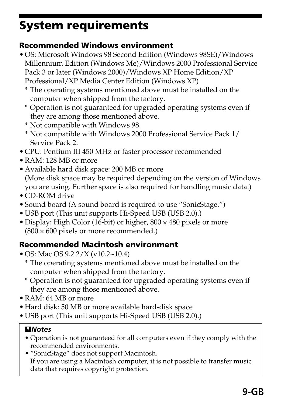 System requirements | Sony MSAC-US40 User Manual | Page 9 / 43