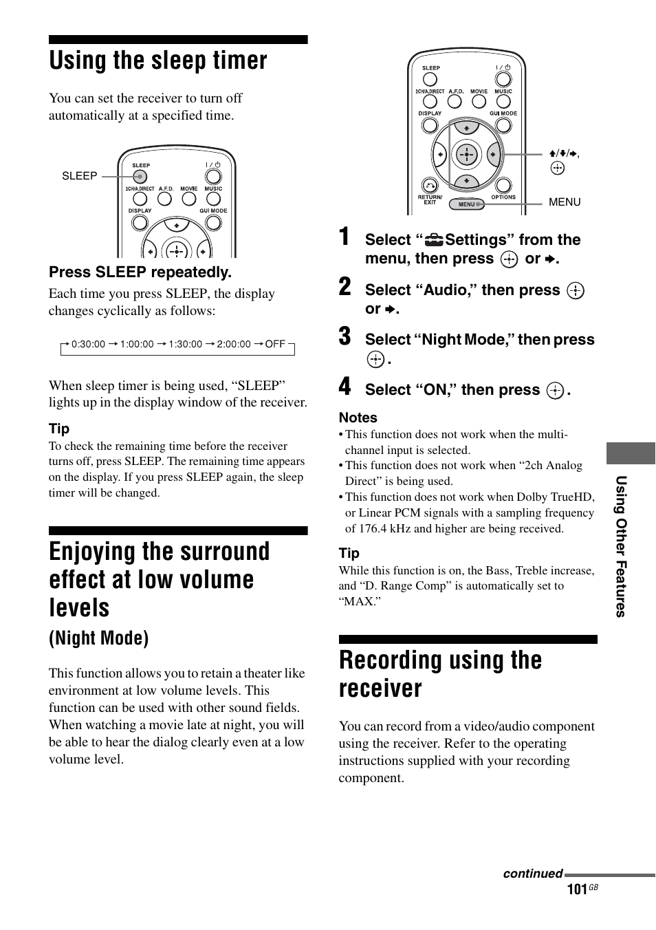 Using the sleep timer, Recording using the receiver, Levels (night mode) | Enjoying the surround effect at low volume levels, Night mode) | Sony STR-DA3600ES User Manual | Page 101 / 162