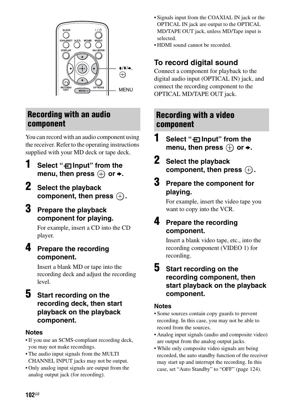 Recording with an audio component, Recording with a video component | Sony STR-DA3600ES User Manual | Page 102 / 162