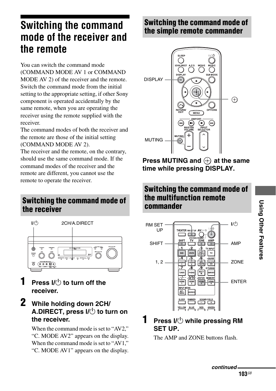 Switching the command mode of the receiver, And the remote | Sony STR-DA3600ES User Manual | Page 103 / 162