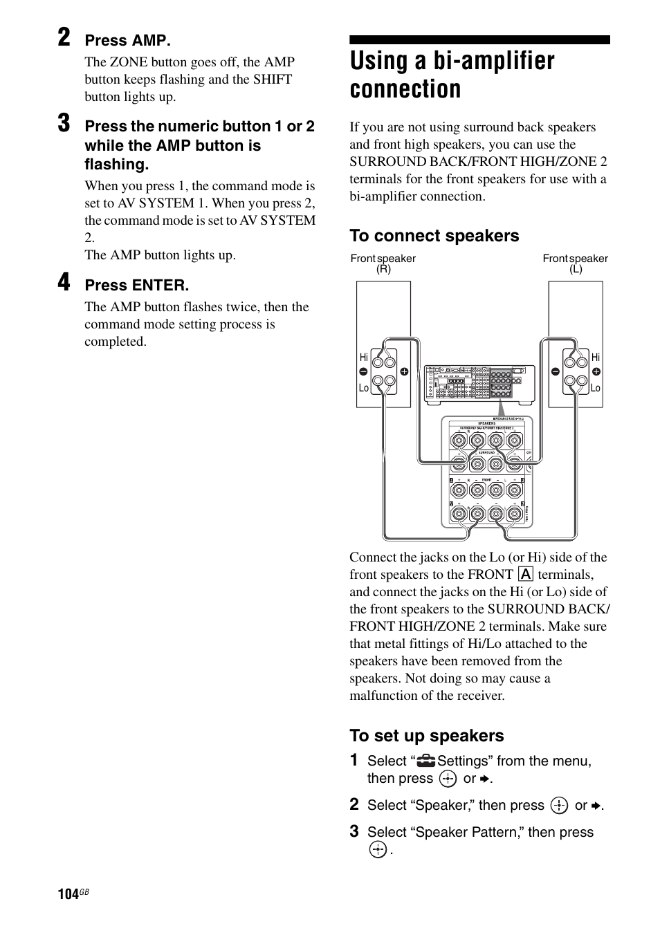 Using a bi-amplifier connection | Sony STR-DA3600ES User Manual | Page 104 / 162