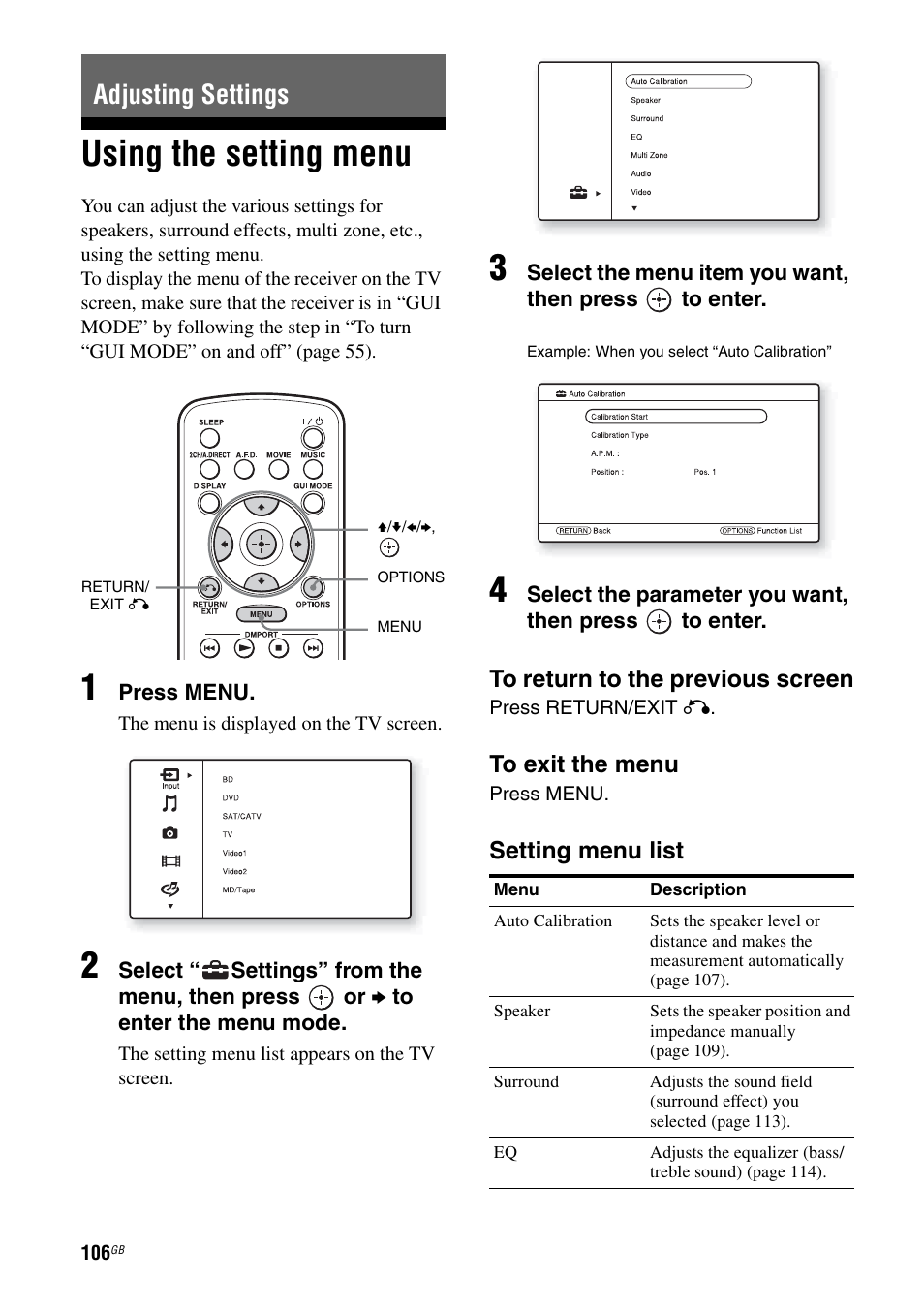Adjusting settings, Using the setting menu | Sony STR-DA3600ES User Manual | Page 106 / 162
