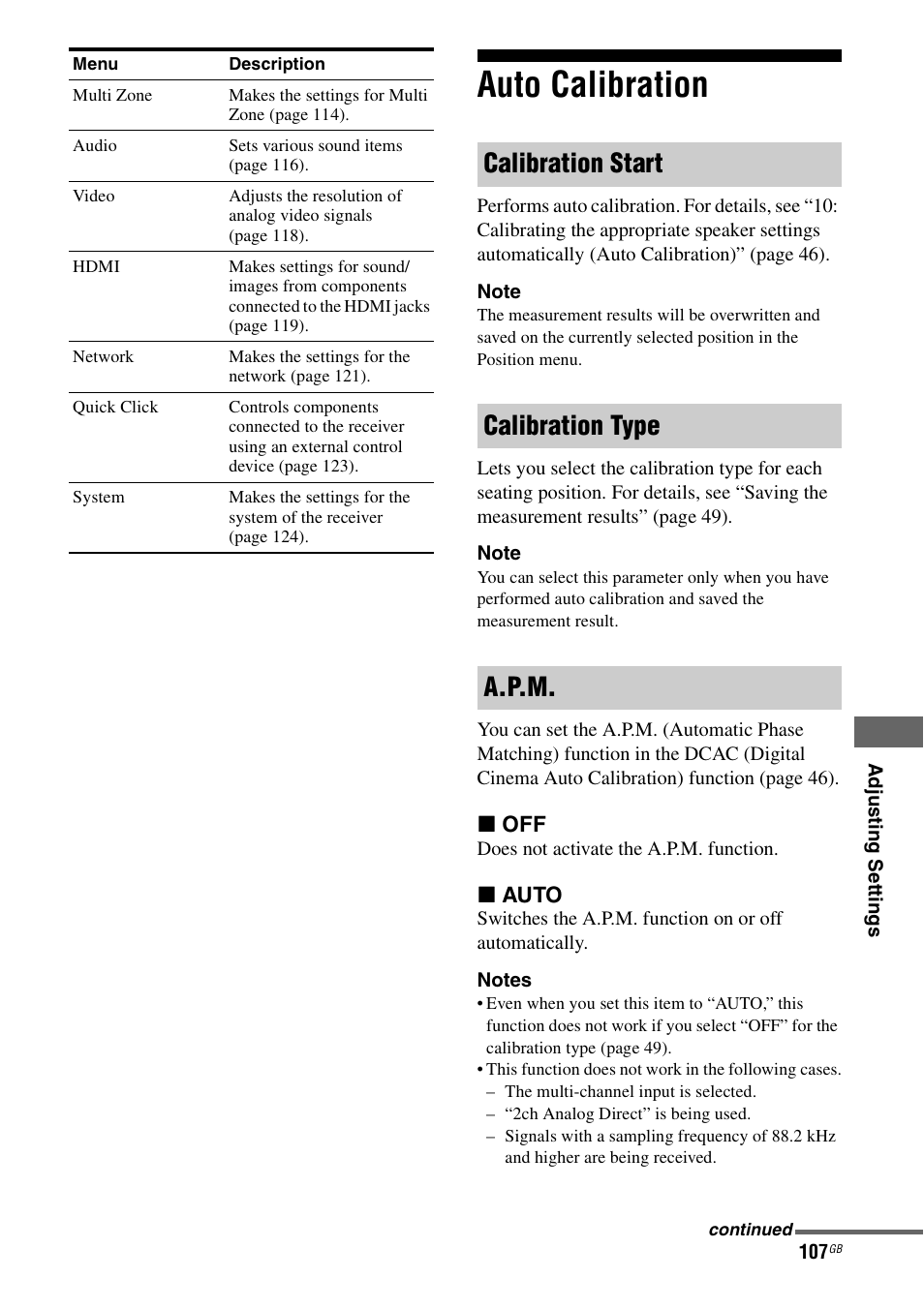 Auto calibration, Calibration start calibration type a.p.m | Sony STR-DA3600ES User Manual | Page 107 / 162