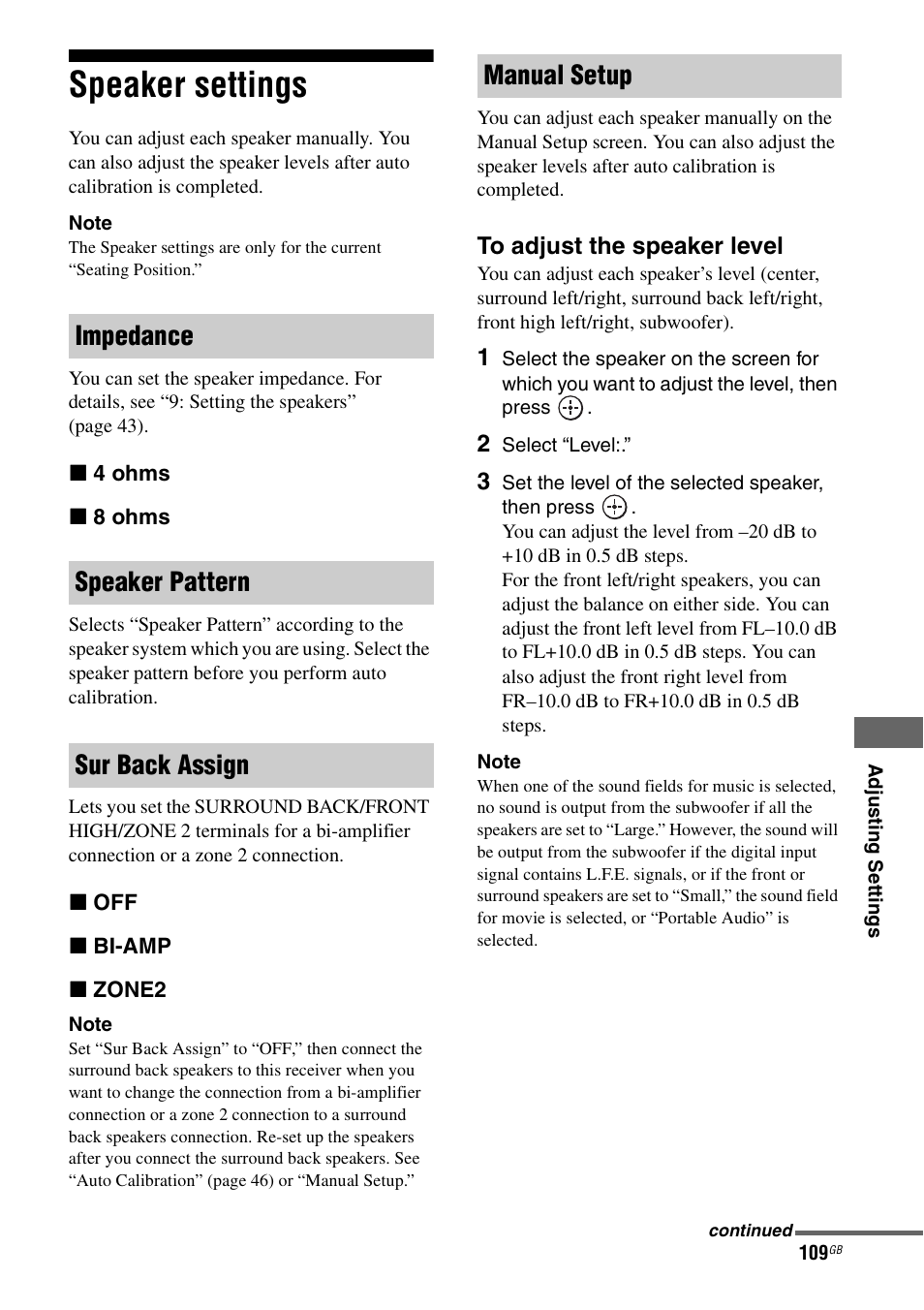 Speaker settings | Sony STR-DA3600ES User Manual | Page 109 / 162