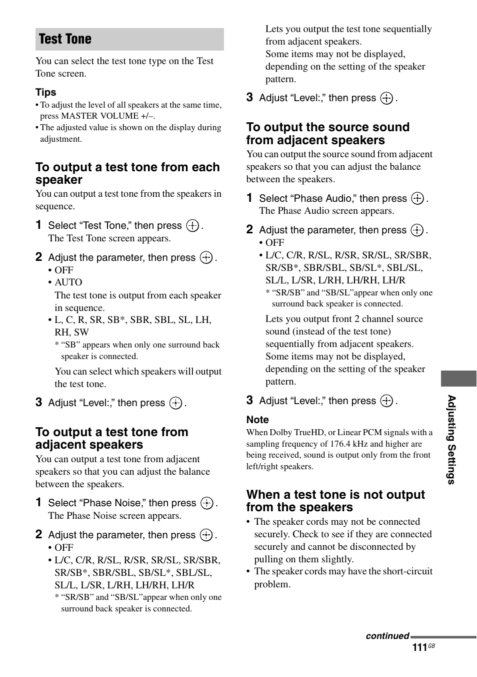 Test tone, When a test tone is not output from the speakers | Sony STR-DA3600ES User Manual | Page 111 / 162