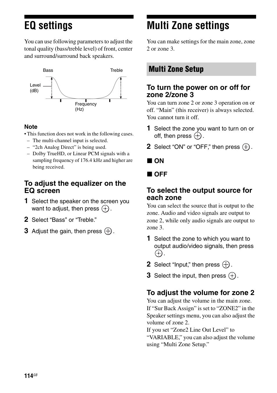 Eq settings, Multi zone settings, Eq settings multi zone settings | Multi zone setup | Sony STR-DA3600ES User Manual | Page 114 / 162