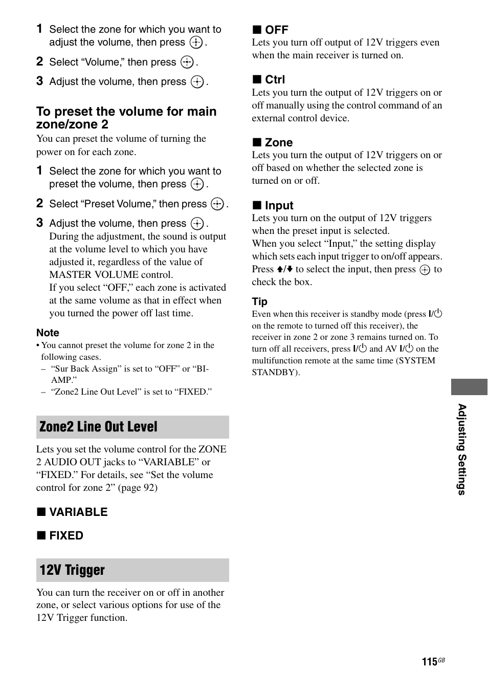 Zone2 line out level 12v trigger | Sony STR-DA3600ES User Manual | Page 115 / 162