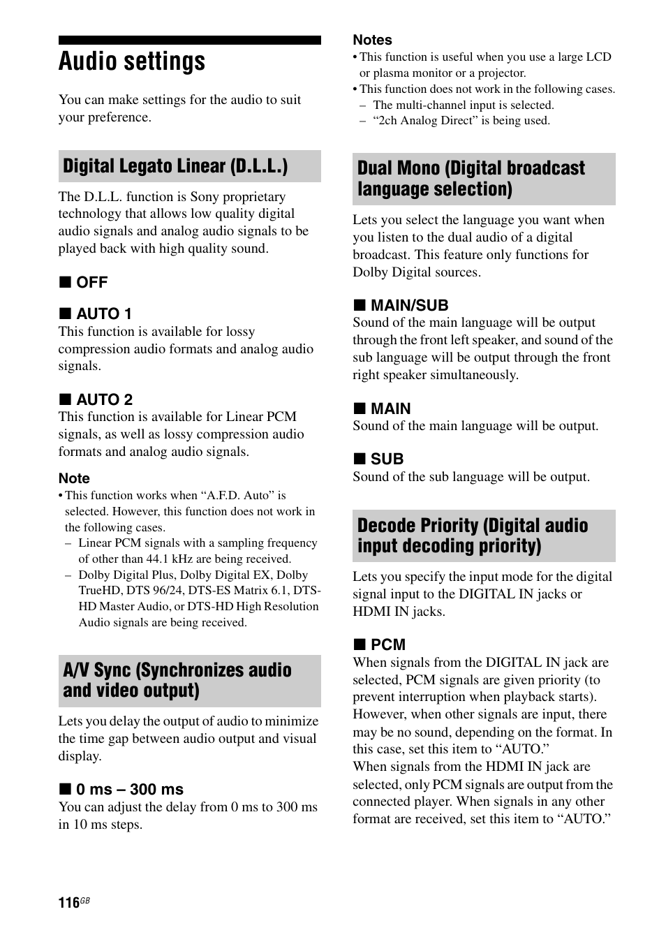 Audio settings | Sony STR-DA3600ES User Manual | Page 116 / 162
