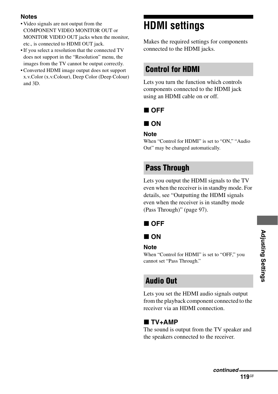 Hdmi settings, Control for hdmi pass through audio out | Sony STR-DA3600ES User Manual | Page 119 / 162