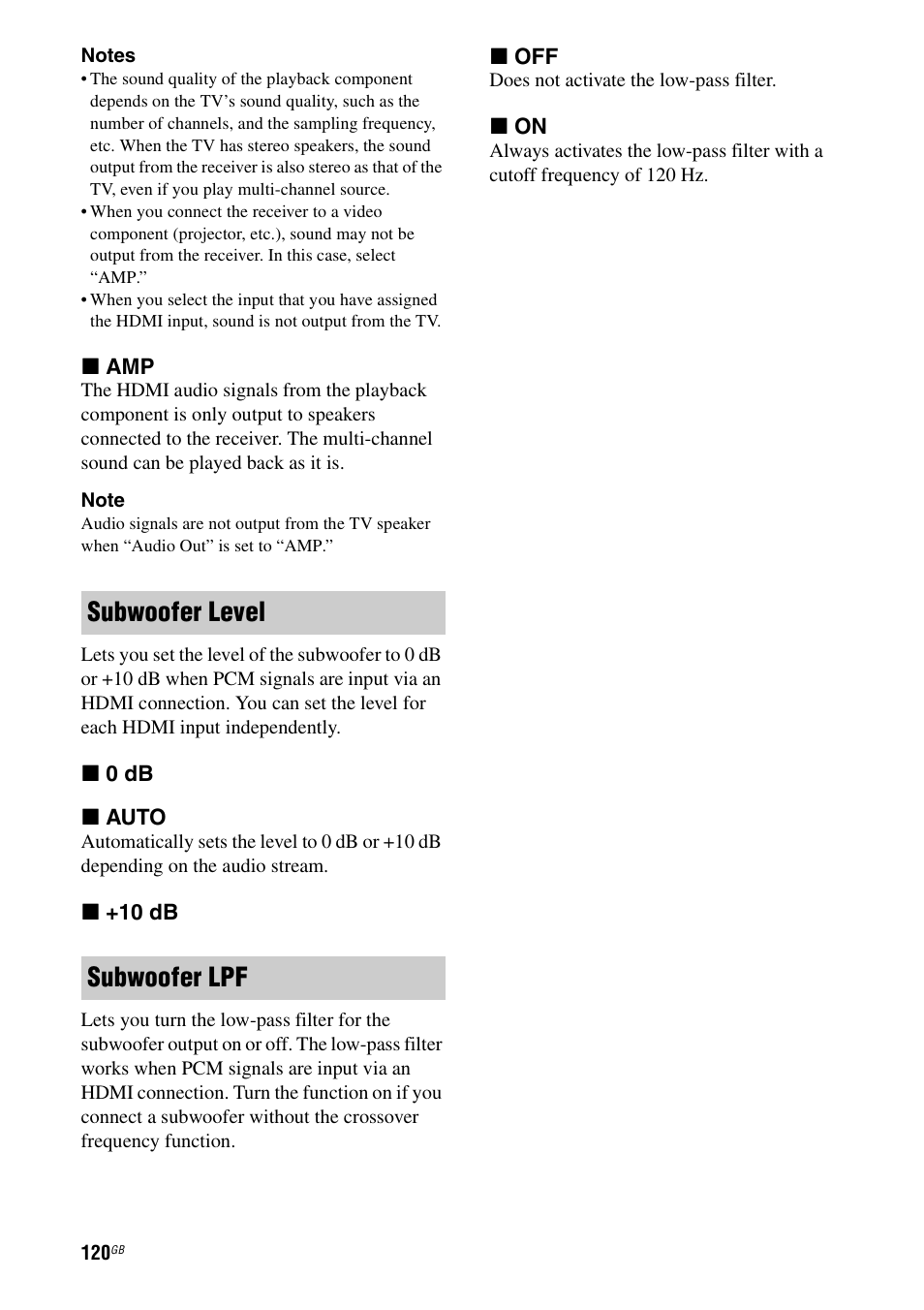 Subwoofer level subwoofer lpf | Sony STR-DA3600ES User Manual | Page 120 / 162