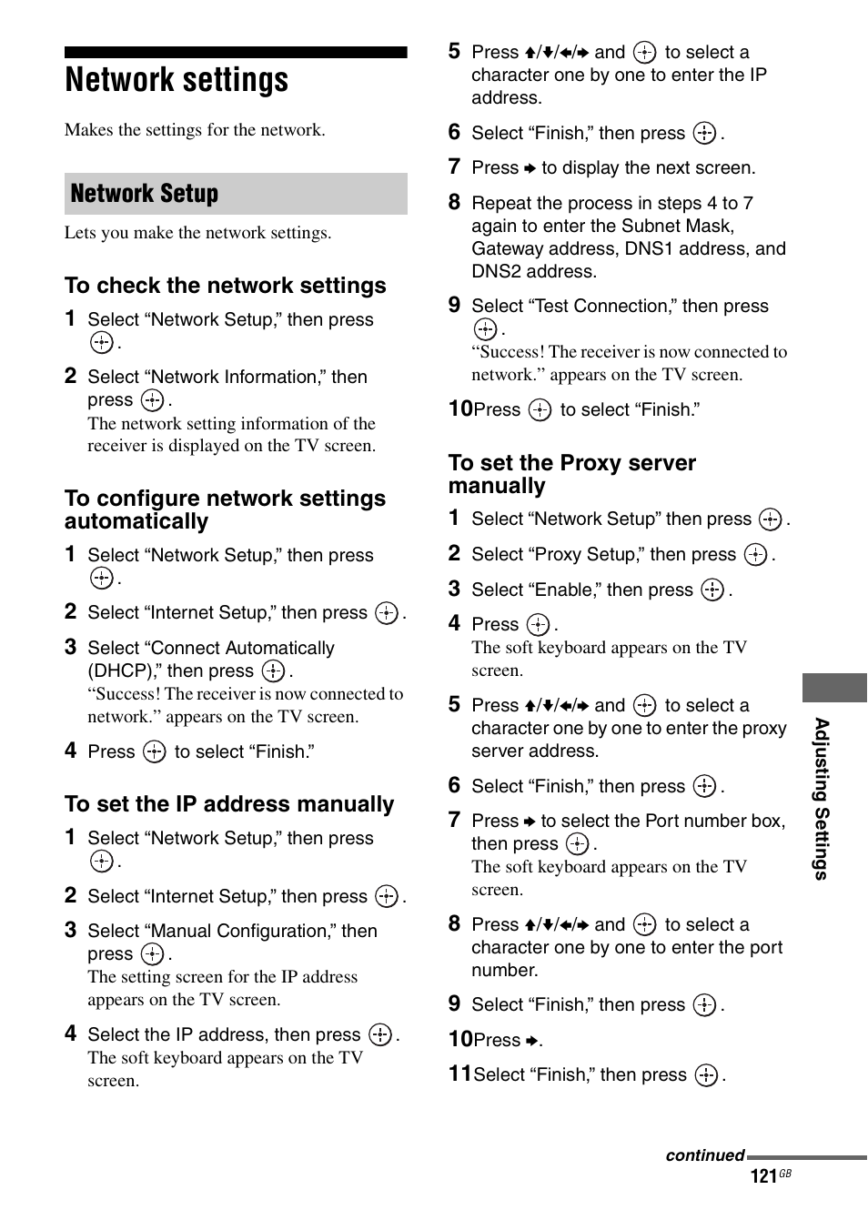 Network settings, Network setup | Sony STR-DA3600ES User Manual | Page 121 / 162