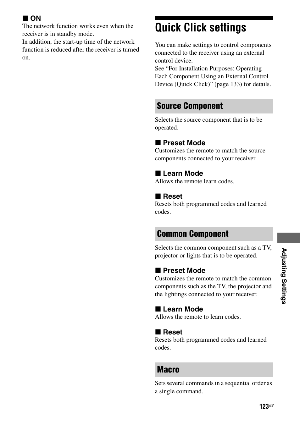 Quick click settings, Source component common component macro | Sony STR-DA3600ES User Manual | Page 123 / 162