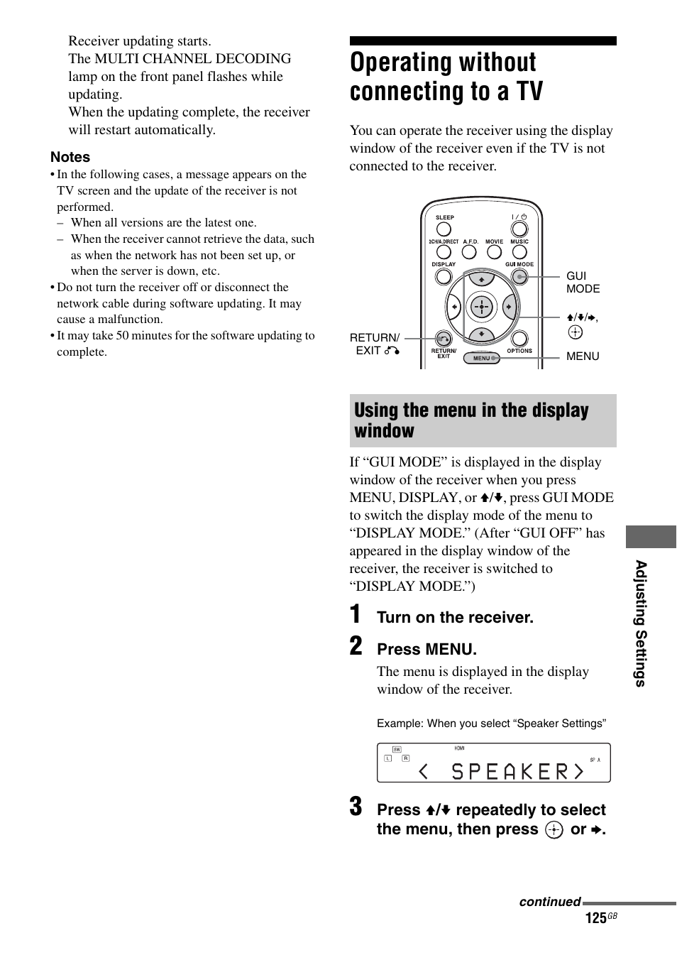 Operating without connecting to a tv, Using the menu in the display window | Sony STR-DA3600ES User Manual | Page 125 / 162