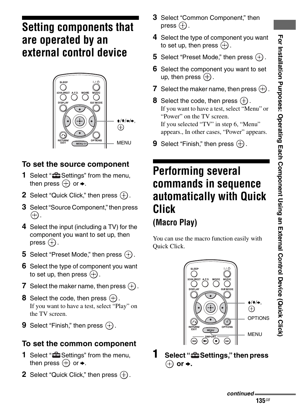 Setting components that are operated by an, External control device, Performing several commands in sequence | Automatically with quick click (macro play), Macro play) | Sony STR-DA3600ES User Manual | Page 135 / 162