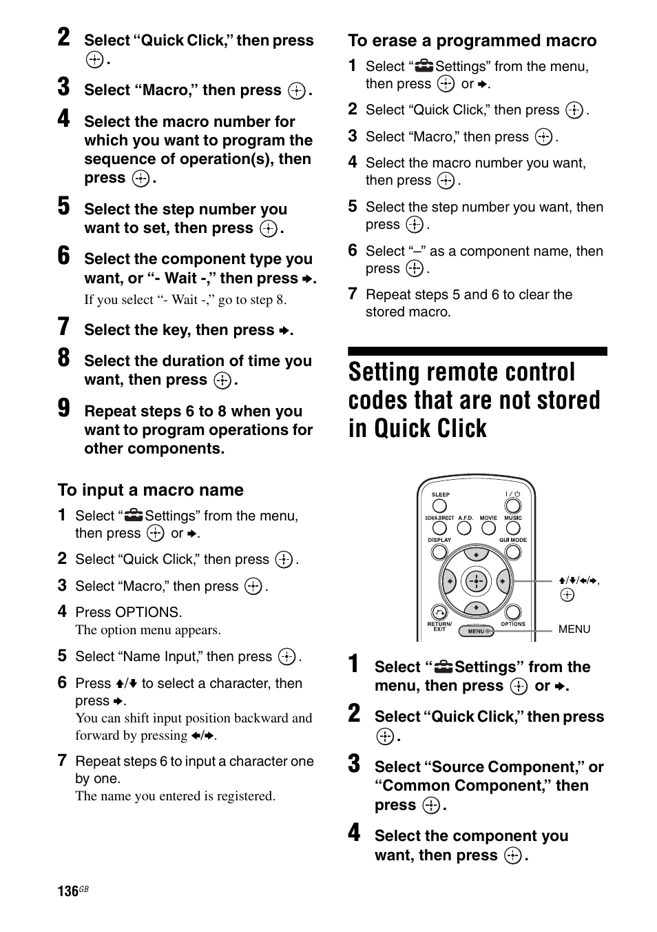 Setting remote control codes that are not, Stored in quick click | Sony STR-DA3600ES User Manual | Page 136 / 162