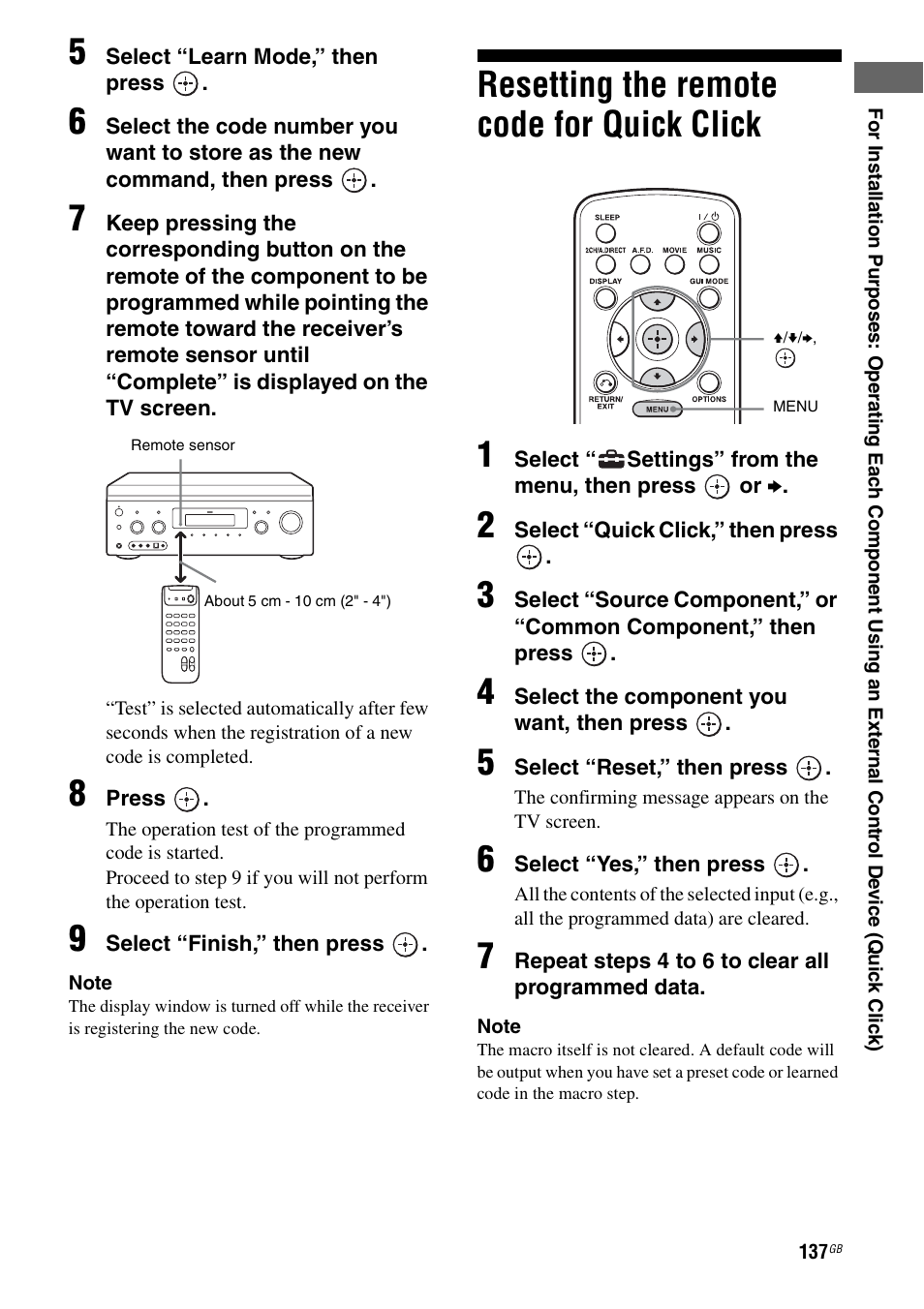 Resetting the remote code for quick click, Resetting the remote code for quick, Click | Resetting the remote code for quick click 1 | Sony STR-DA3600ES User Manual | Page 137 / 162