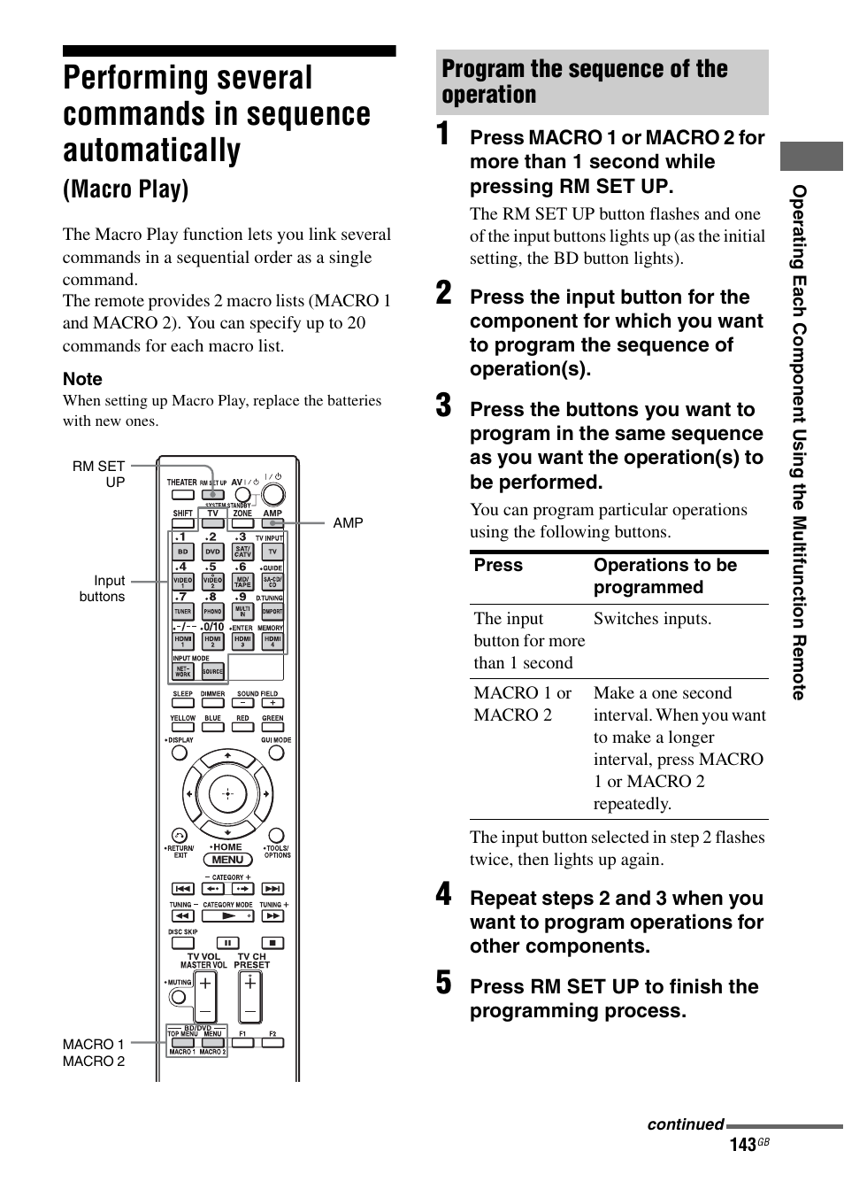 Performing several commands in sequence, Automatically (macro play), Macro play) | Program the sequence of the operation | Sony STR-DA3600ES User Manual | Page 143 / 162