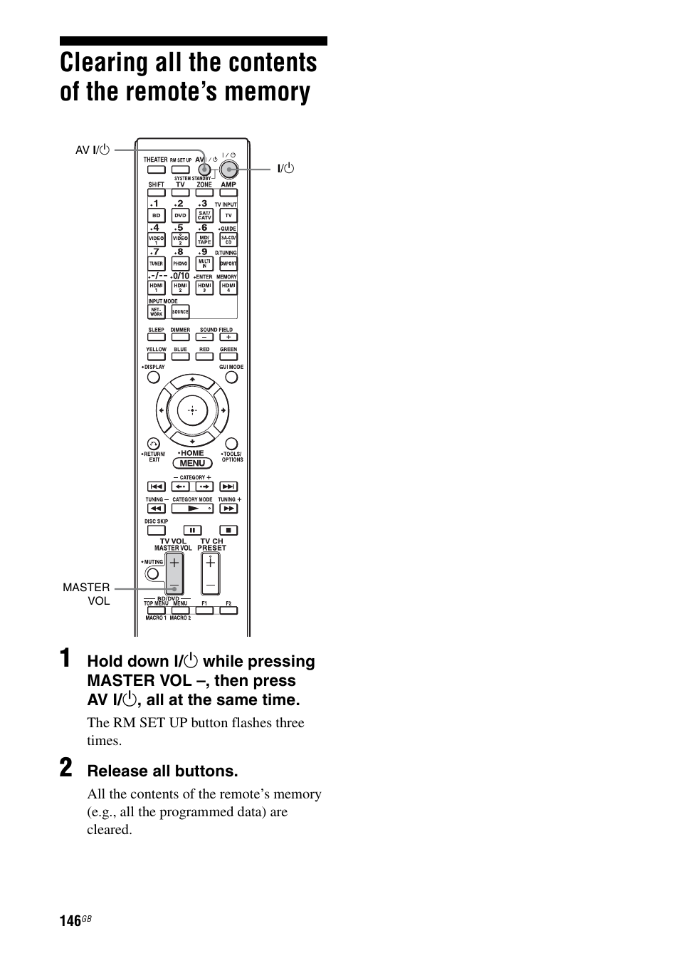 Clearing all the contents of the remote’s memory, Clearing all the contents of the remote’s, Memory | Sony STR-DA3600ES User Manual | Page 146 / 162