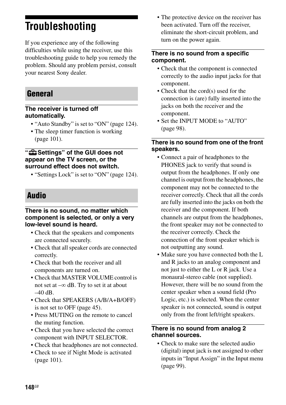 Troubleshooting, General audio | Sony STR-DA3600ES User Manual | Page 148 / 162