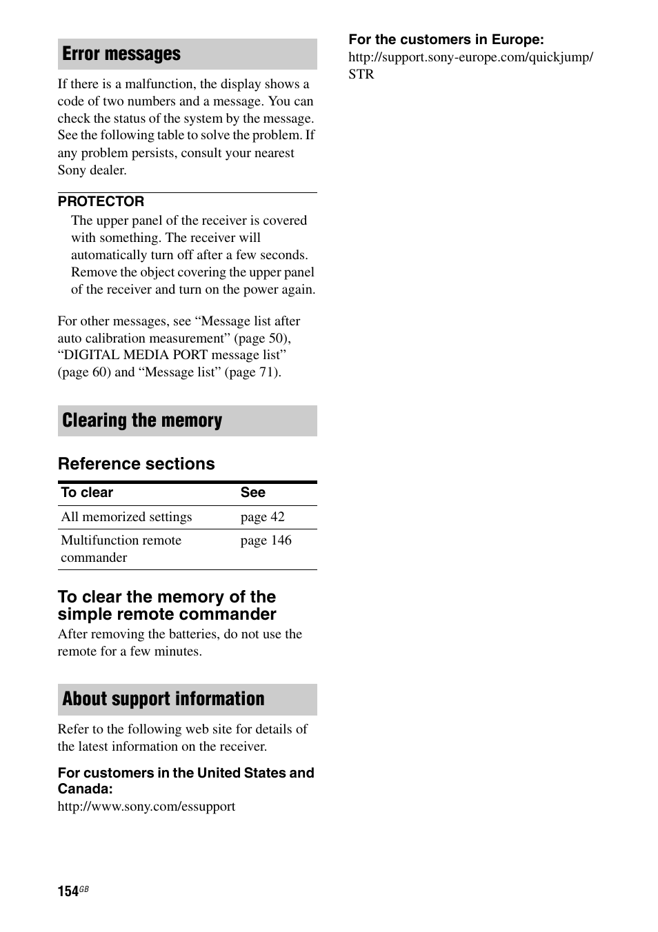 About support information | Sony STR-DA3600ES User Manual | Page 154 / 162