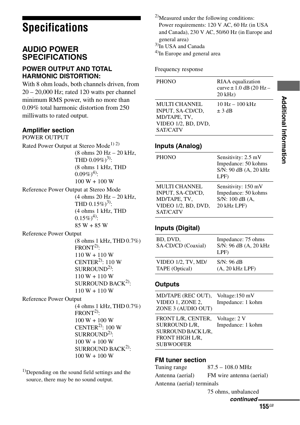 Specifications, Audio power specifications | Sony STR-DA3600ES User Manual | Page 155 / 162