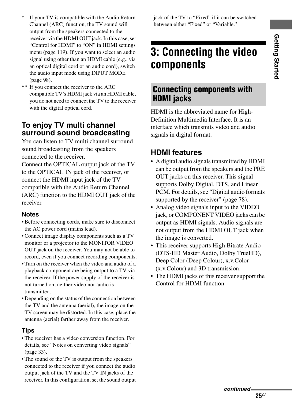 Connecting the video components, Connecting components with hdmi jacks, Hdmi features | Sony STR-DA3600ES User Manual | Page 25 / 162