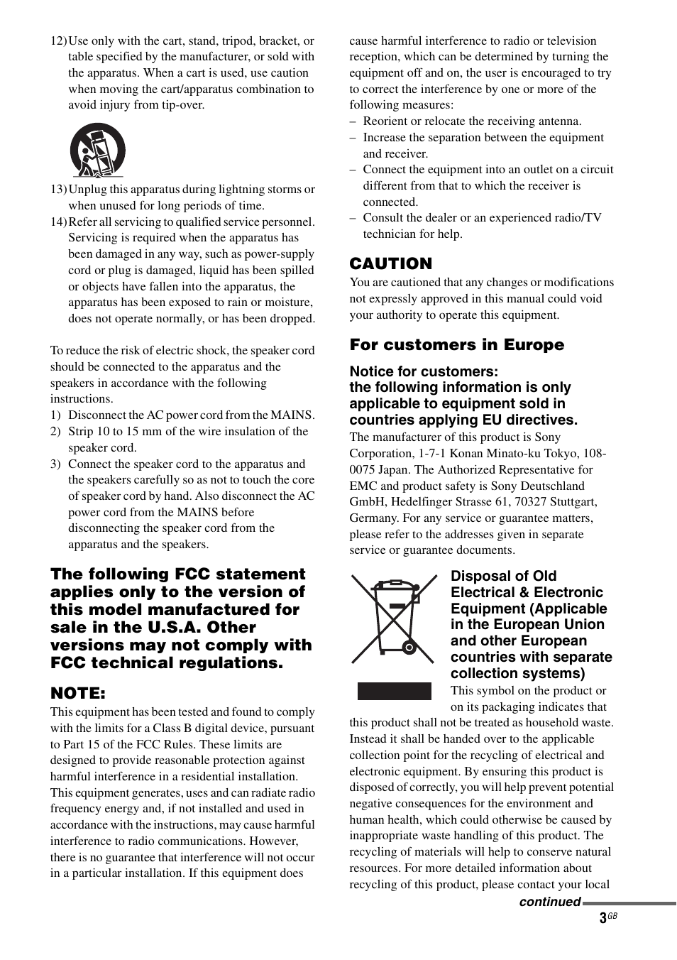 Caution, For customers in europe | Sony STR-DA3600ES User Manual | Page 3 / 162