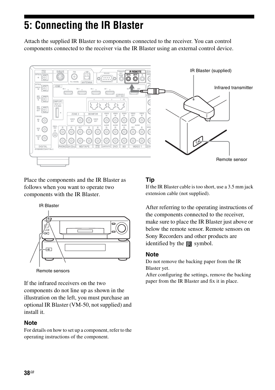 Connecting the ir blaster | Sony STR-DA3600ES User Manual | Page 38 / 162