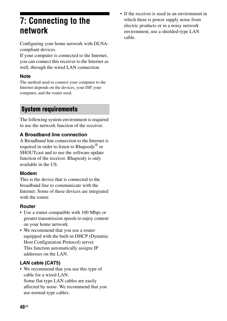 Connecting to the network, System requirements | Sony STR-DA3600ES User Manual | Page 40 / 162