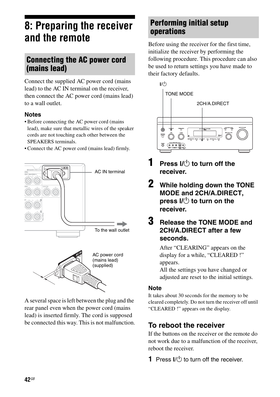 Preparing the receiver and the remote, Connecting the ac power cord (mains lead), Performing initial setup operations | Sony STR-DA3600ES User Manual | Page 42 / 162