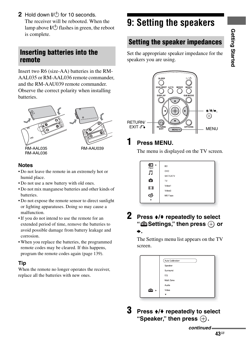 Setting the speakers, Inserting batteries into the remote, Setting the speaker impedances | Sony STR-DA3600ES User Manual | Page 43 / 162