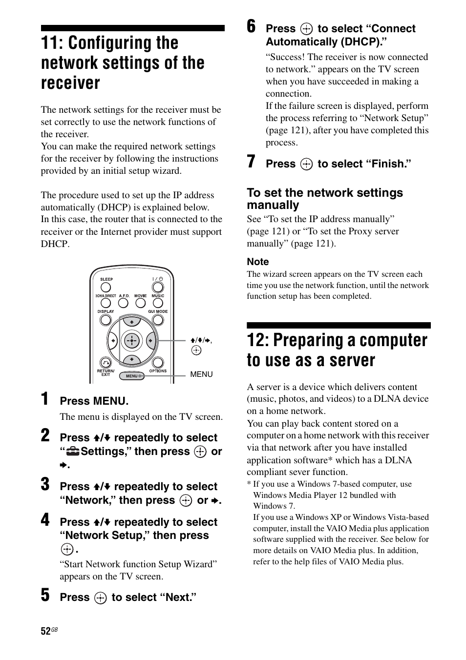 Configuring the network settings of the receiver, Preparing a computer to use as a server, Configuring the network settings of the | Receiver, Preparing a computer to use as a, Server | Sony STR-DA3600ES User Manual | Page 52 / 162