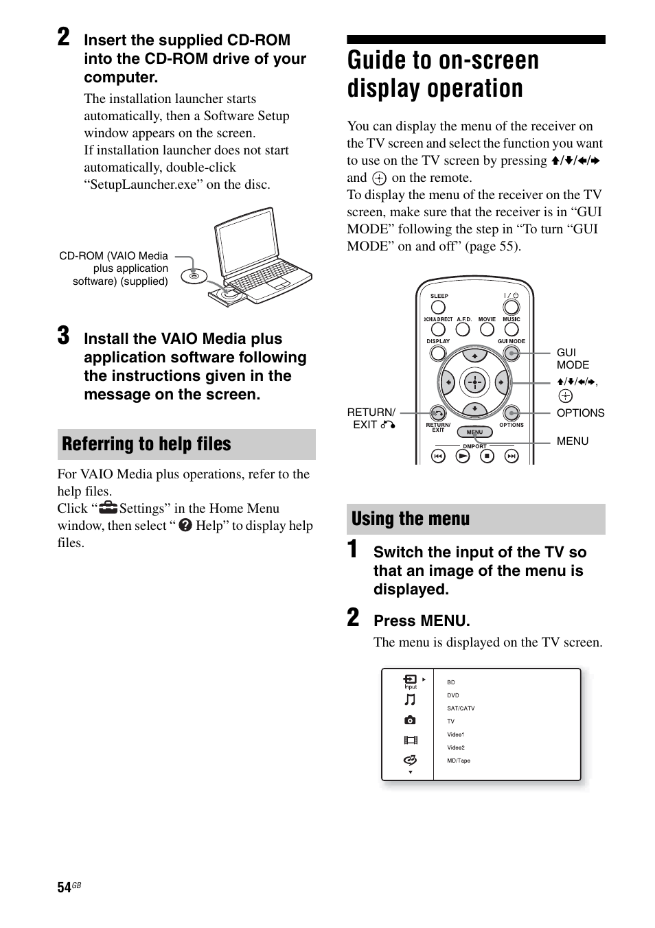 Guide to on-screen display operation, Referring to help files, Using the menu | Sony STR-DA3600ES User Manual | Page 54 / 162