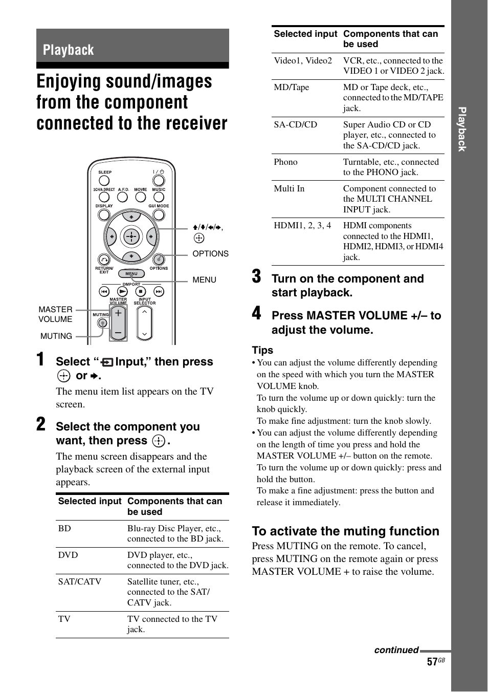 Playback, Enjoying sound/images from the component, Connected to the receiver | Sony STR-DA3600ES User Manual | Page 57 / 162