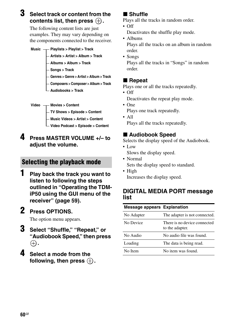 Selecting the playback mode, Digital media port message list | Sony STR-DA3600ES User Manual | Page 60 / 162