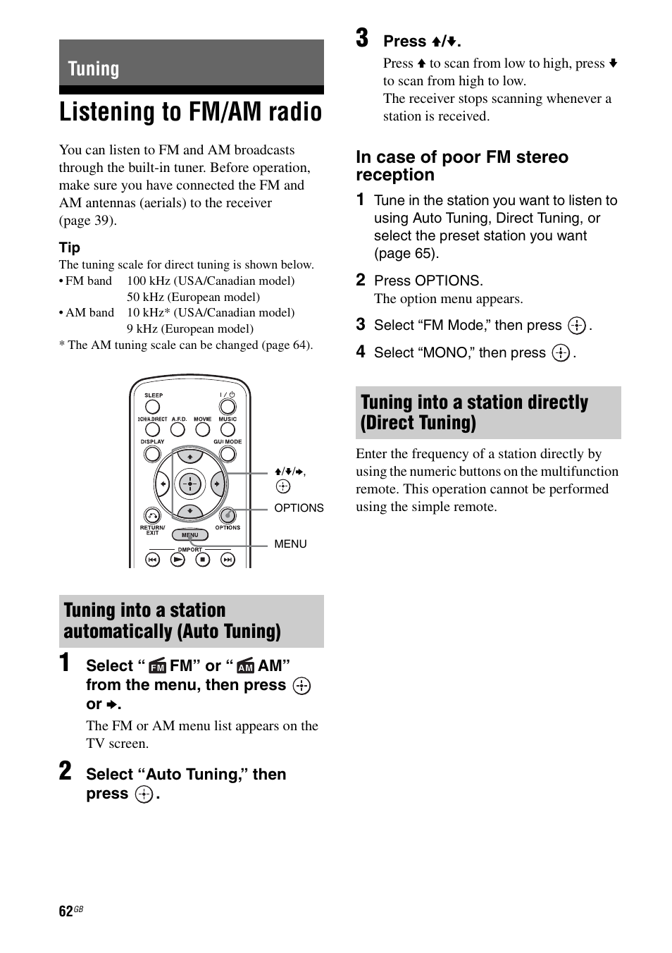 Tuning, Listening to fm/am radio, Tuning into a station directly (direct tuning) | Sony STR-DA3600ES User Manual | Page 62 / 162