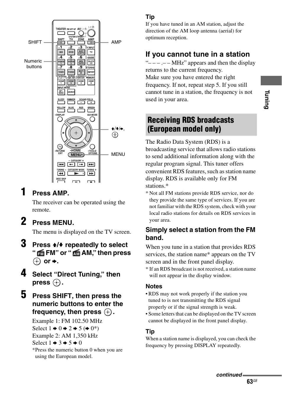 Receiving rds broadcasts (european model only) | Sony STR-DA3600ES User Manual | Page 63 / 162