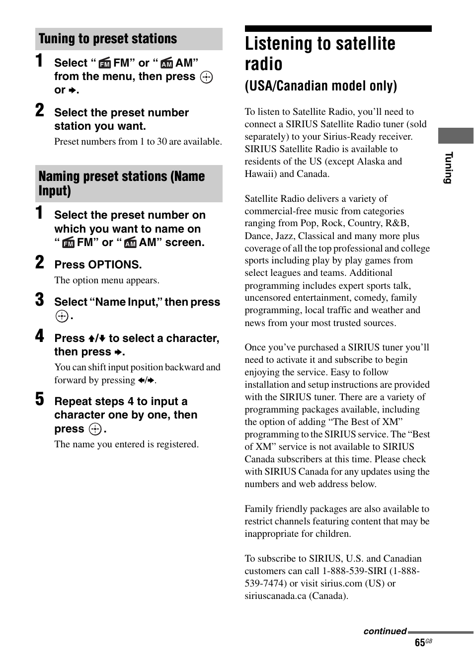 Listening to satellite radio, Usa/canadian model only) | Sony STR-DA3600ES User Manual | Page 65 / 162