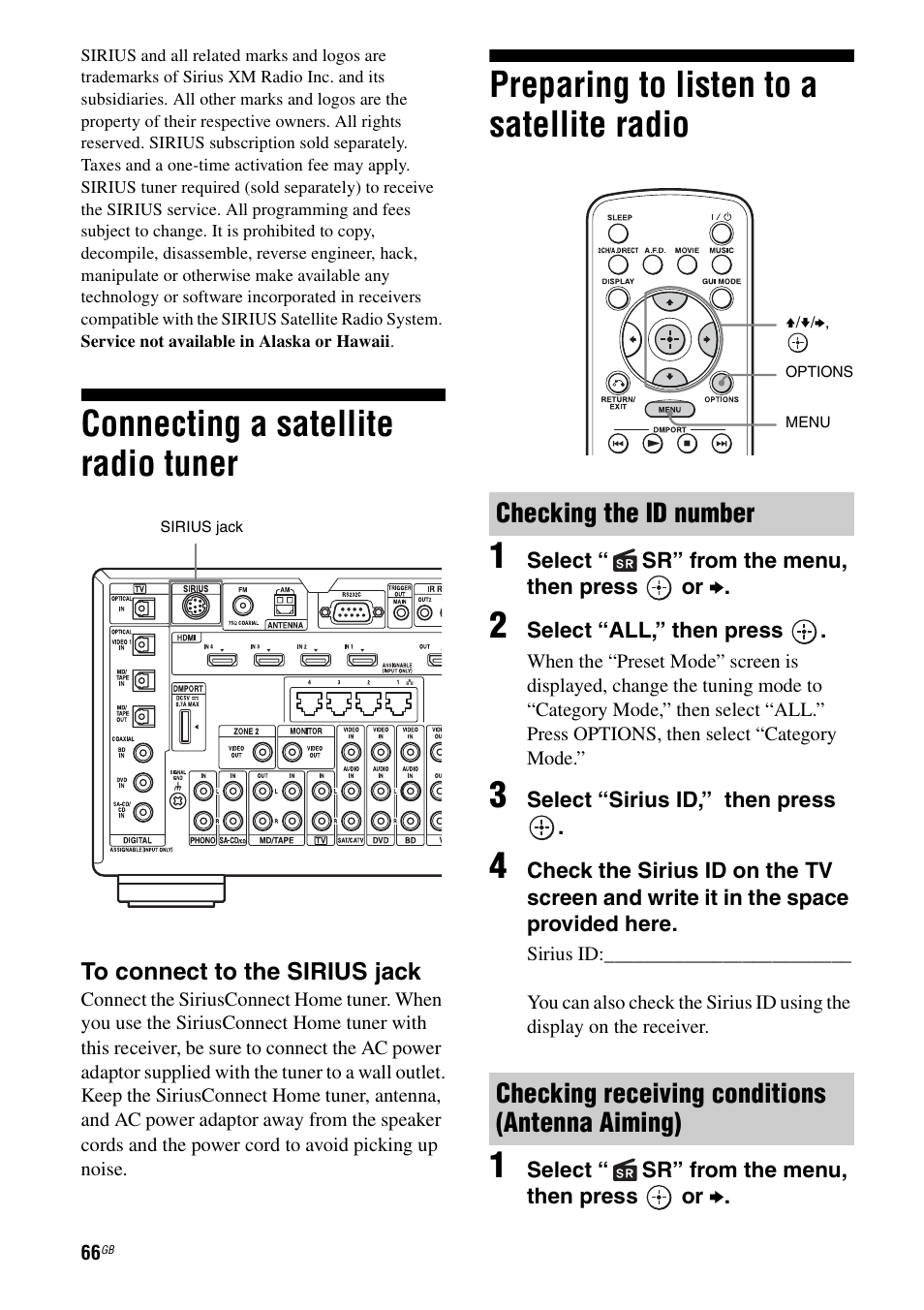 Connecting a satellite radio tuner, Preparing to listen to a satellite radio, Preparing to listen to a satellite radio 1 | Sony STR-DA3600ES User Manual | Page 66 / 162