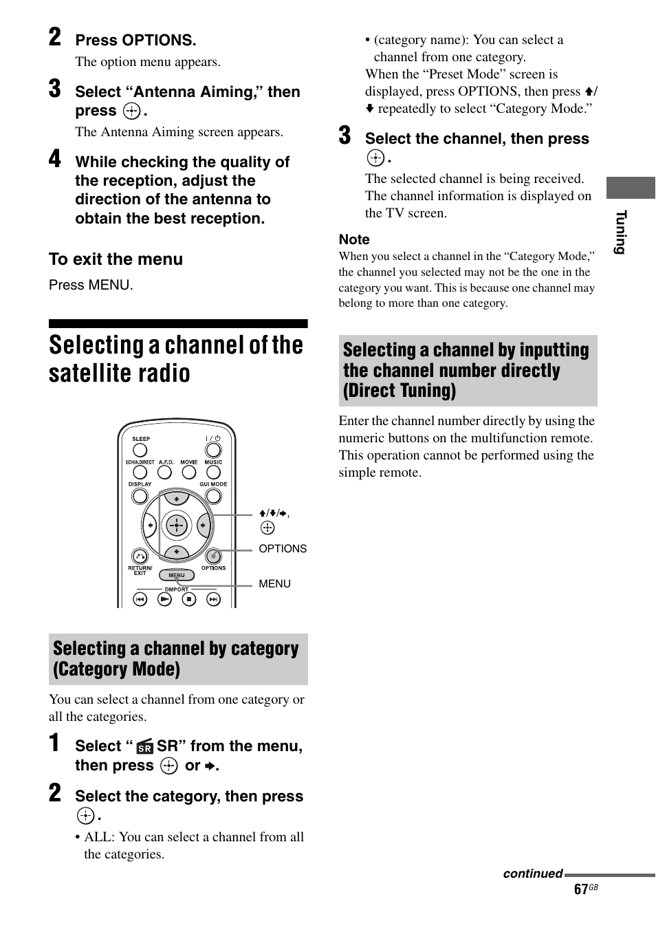 Selecting a channel of the satellite radio, Selecting a channel by category (category mode) | Sony STR-DA3600ES User Manual | Page 67 / 162