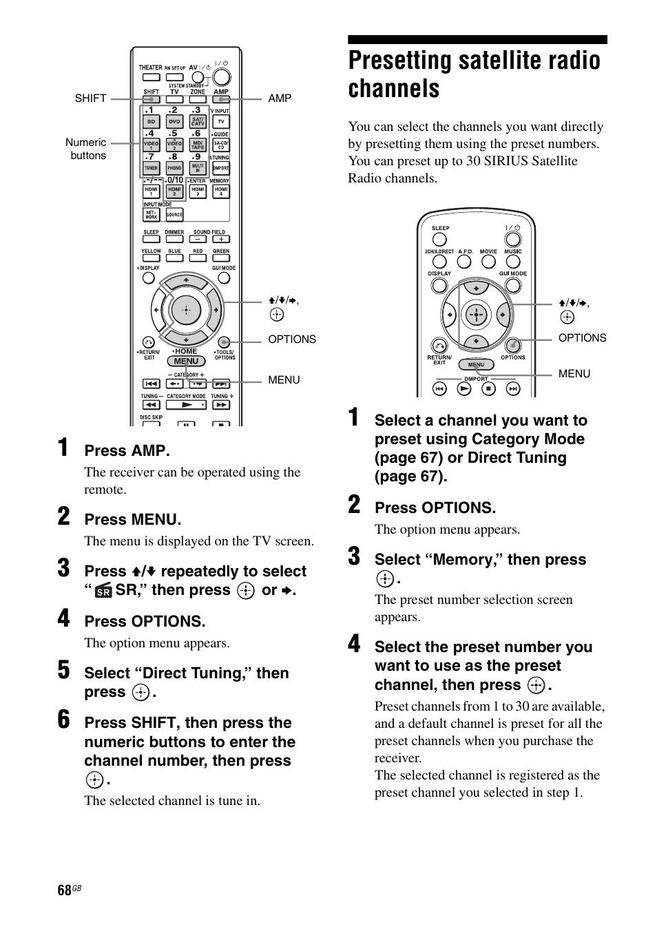 Presetting satellite radio channels | Sony STR-DA3600ES User Manual | Page 68 / 162