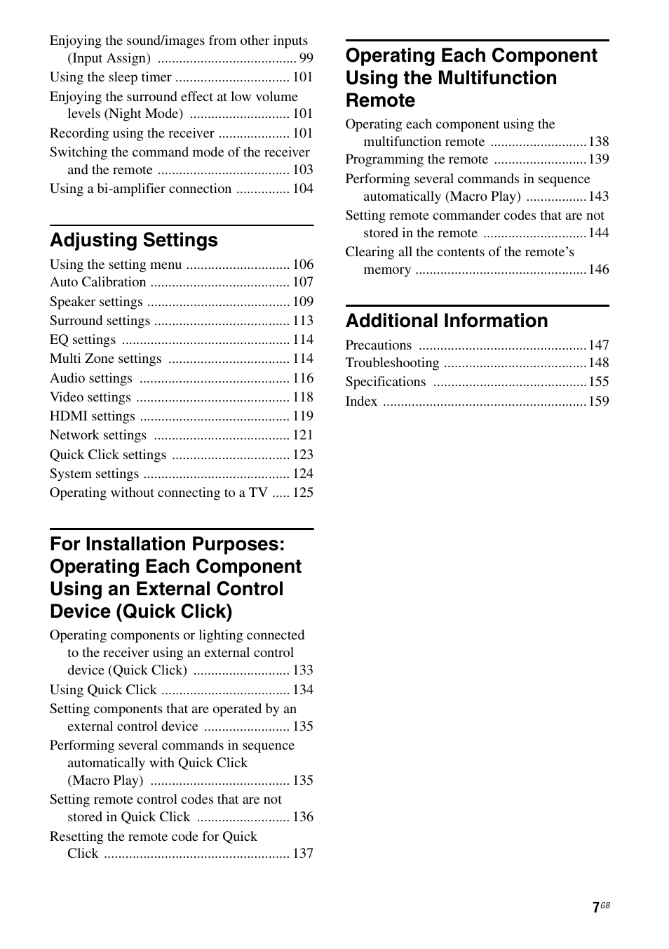 Adjusting settings, Additional information | Sony STR-DA3600ES User Manual | Page 7 / 162