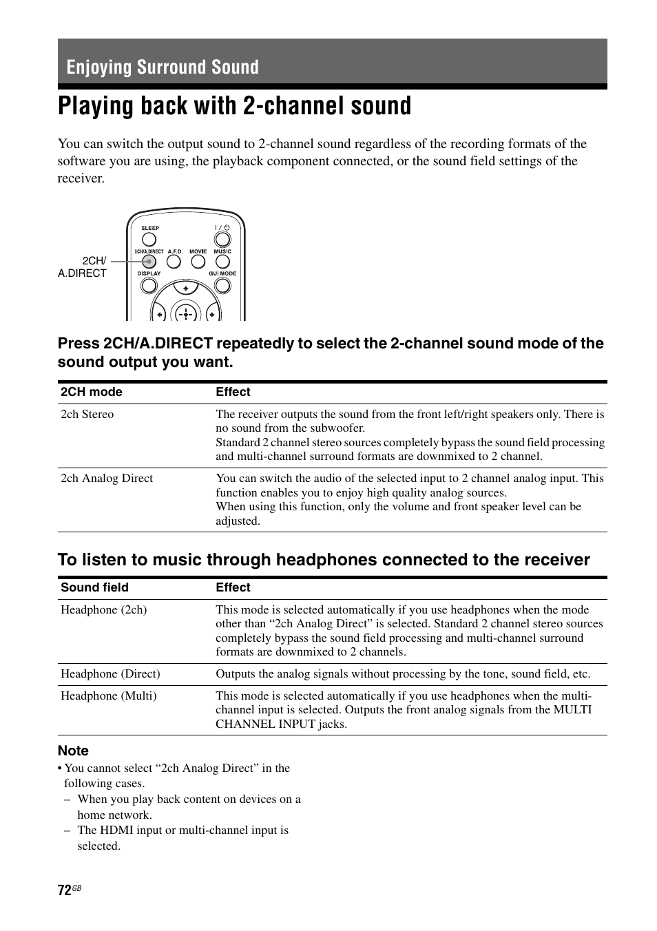 Enjoying surround sound, Playing back with 2-channel sound | Sony STR-DA3600ES User Manual | Page 72 / 162