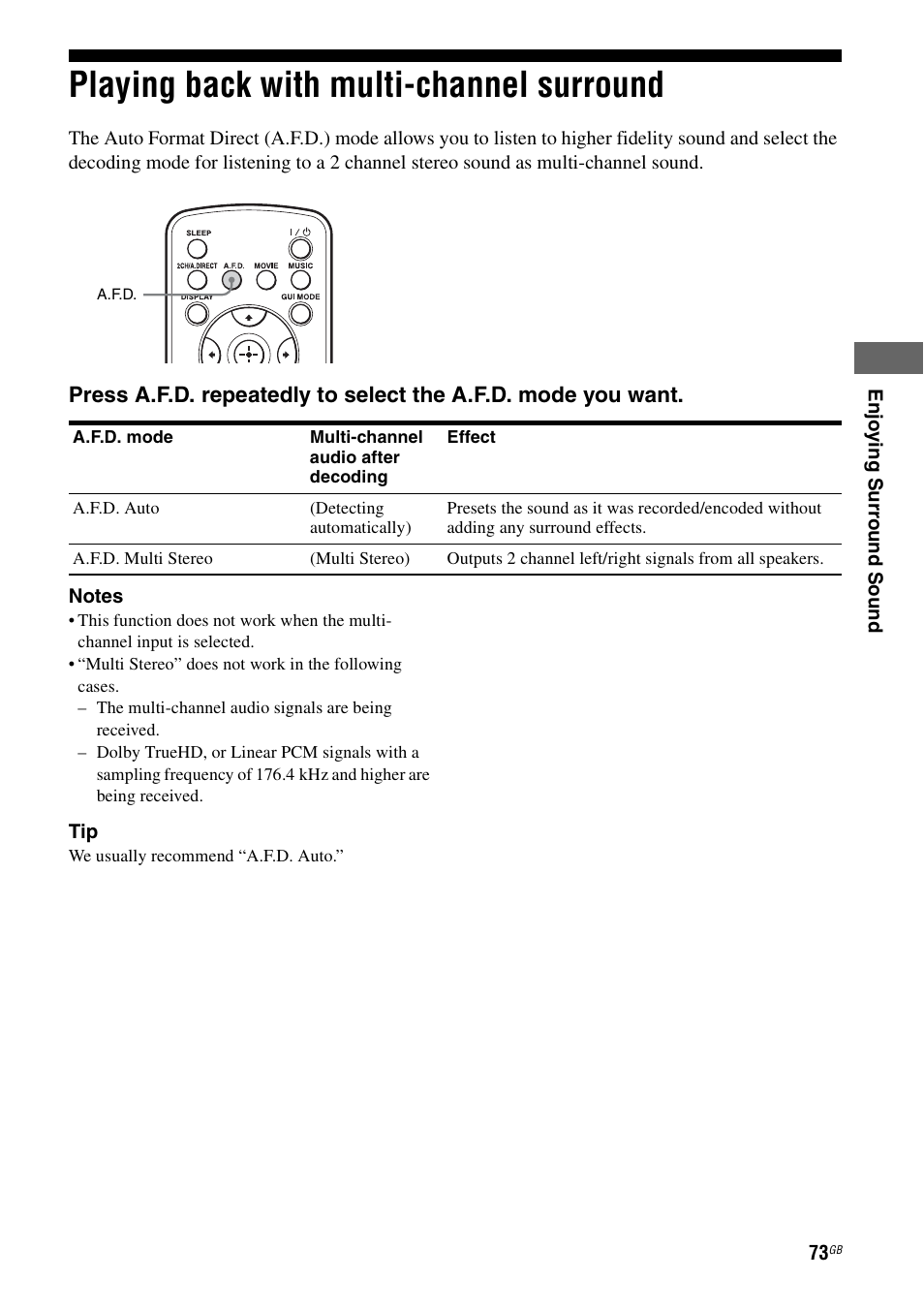 Playing back with multi-channel surround, Playing back with multi-channel, Surround | Sony STR-DA3600ES User Manual | Page 73 / 162