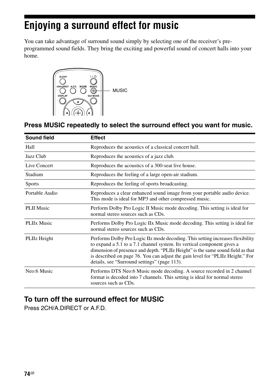 Enjoying a surround effect for music | Sony STR-DA3600ES User Manual | Page 74 / 162