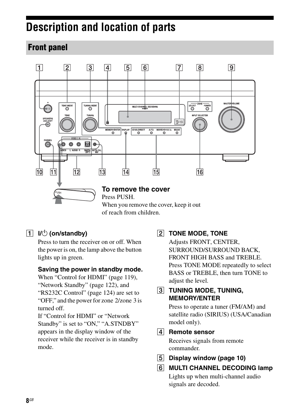 Description and location of parts, Front panel | Sony STR-DA3600ES User Manual | Page 8 / 162