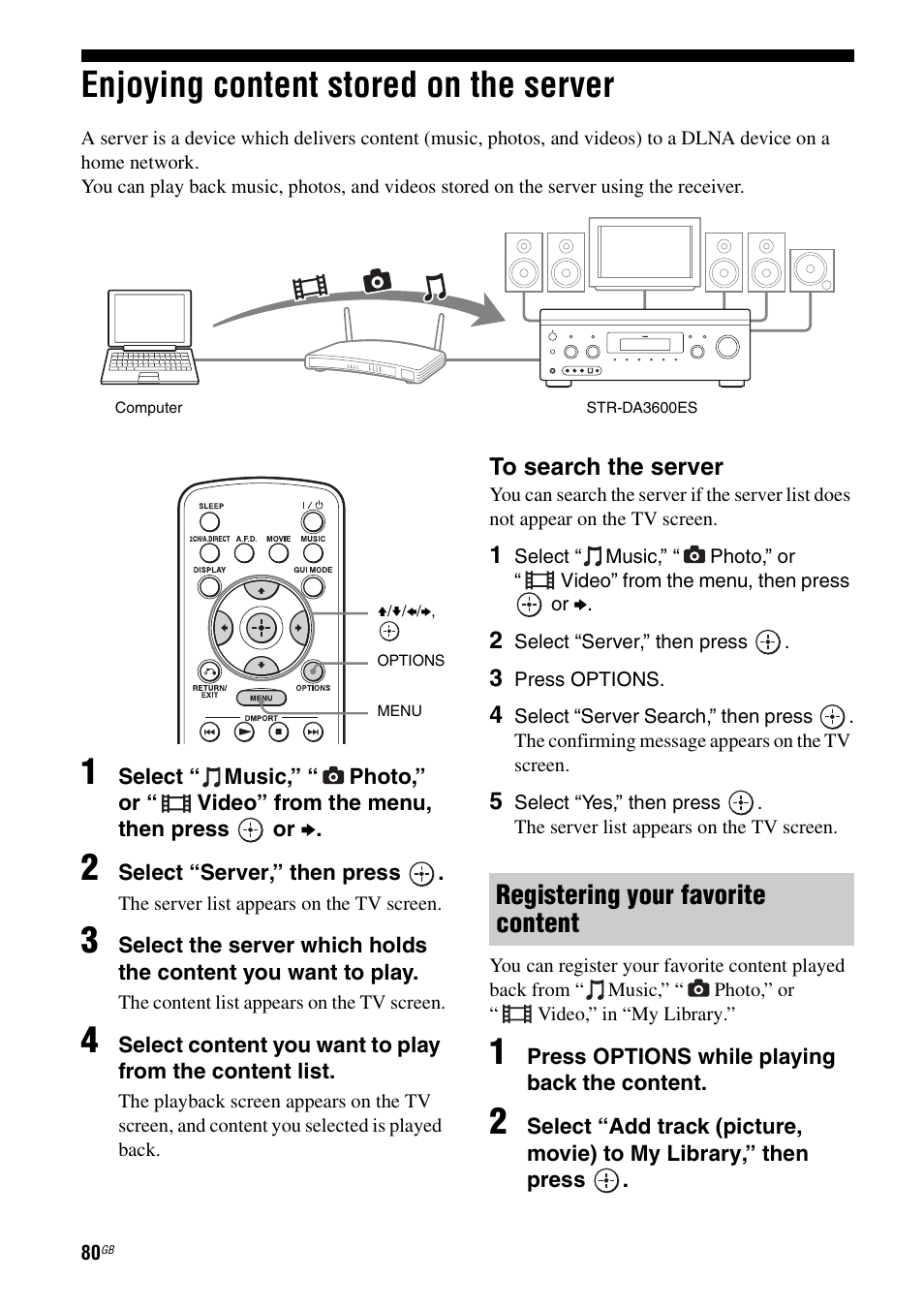 Enjoying content stored on the server, Registering your favorite content | Sony STR-DA3600ES User Manual | Page 80 / 162