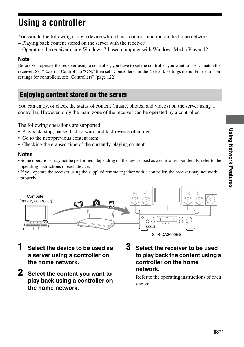 Using a controller, Enjoying content stored on the server | Sony STR-DA3600ES User Manual | Page 83 / 162